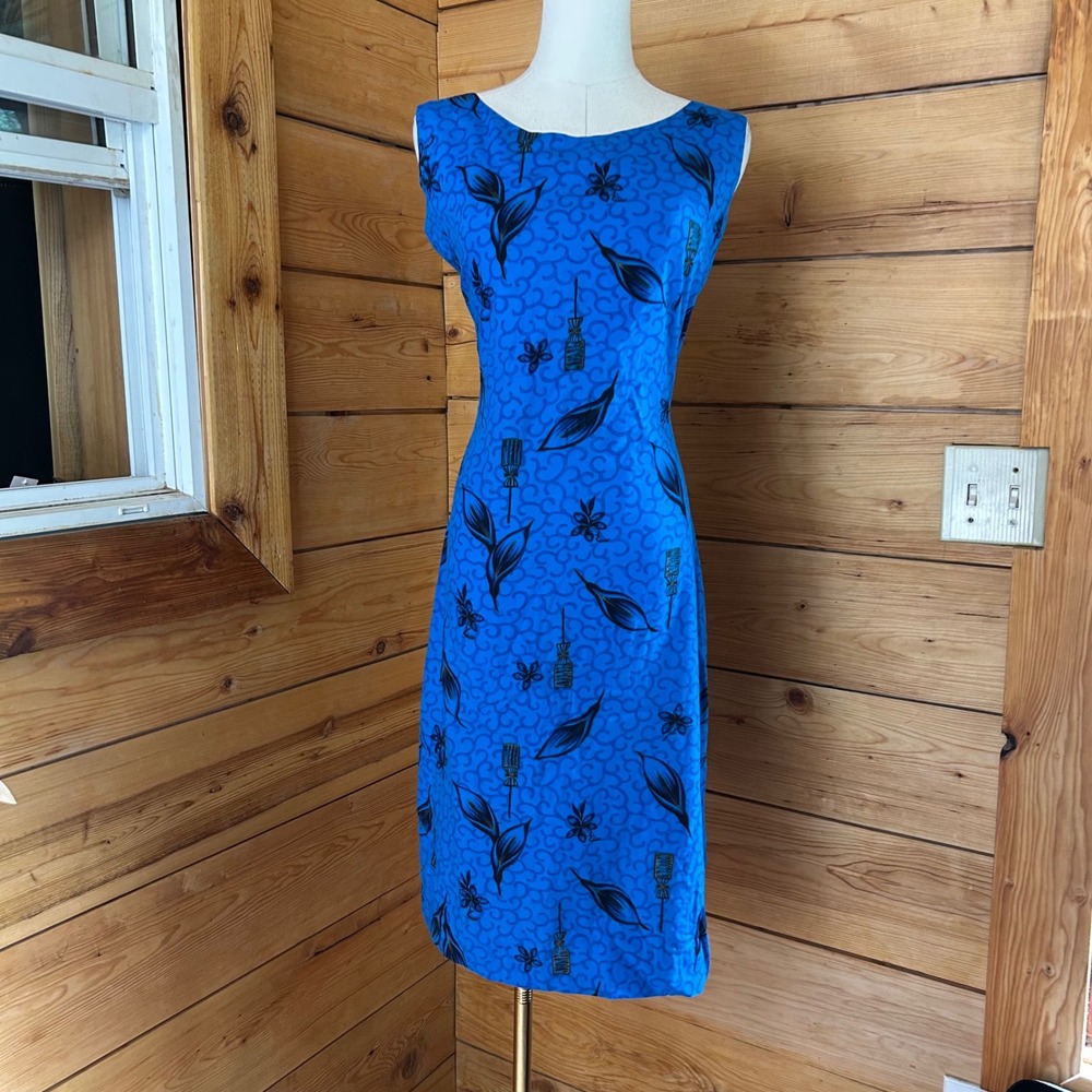 Vintage Wax Cotton Shift Dress Women Large Turquoise Blue 60s Mod Novelty MCM